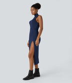 Robe Casual Midi 2 Pièces Capuche Col Montant Sans Manches Fendue avec Découpe Dos Nœud Côtelée