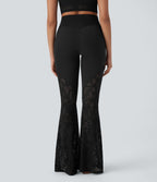 Pantalon de yoga évasé à taille haute croisée, poche arrière et dentelle