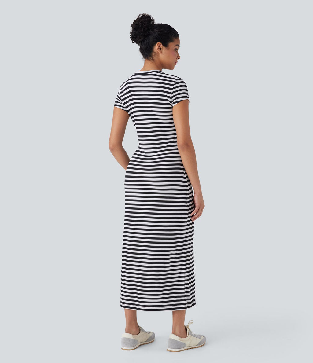 Robe t-shirt mi-longue à rayures et col en V