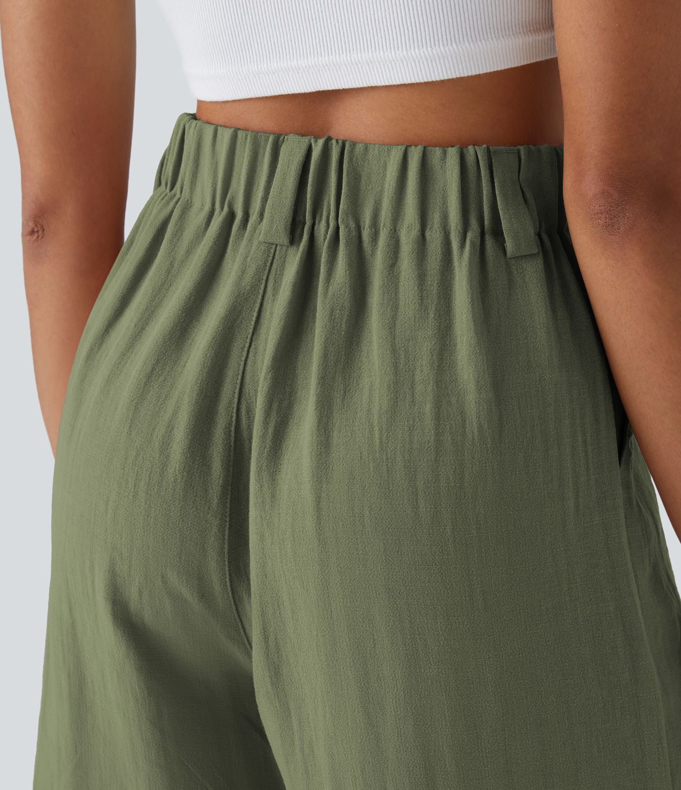 Bermuda Large Fluide Taille Haute avec Plis et Poches Latérales en Lin Synthétique