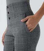 Halara Flex™ Pantalon tailleur Cintrés à Taille Haute avec Boutons Décoratifs Poches Latérales et Imprimé Pied-de-Poule