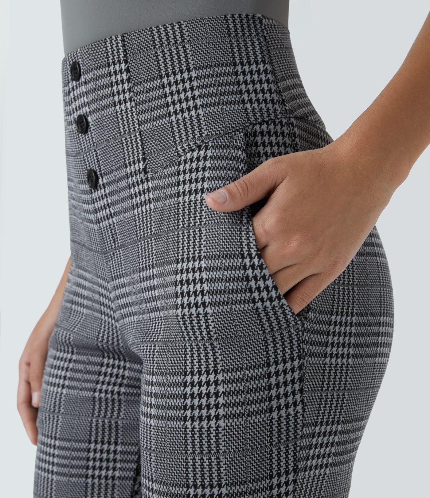 Halara Flex™ Pantalon tailleur Cintrés à Taille Haute avec Boutons Décoratifs Poches Latérales et Imprimé Pied-de-Poule