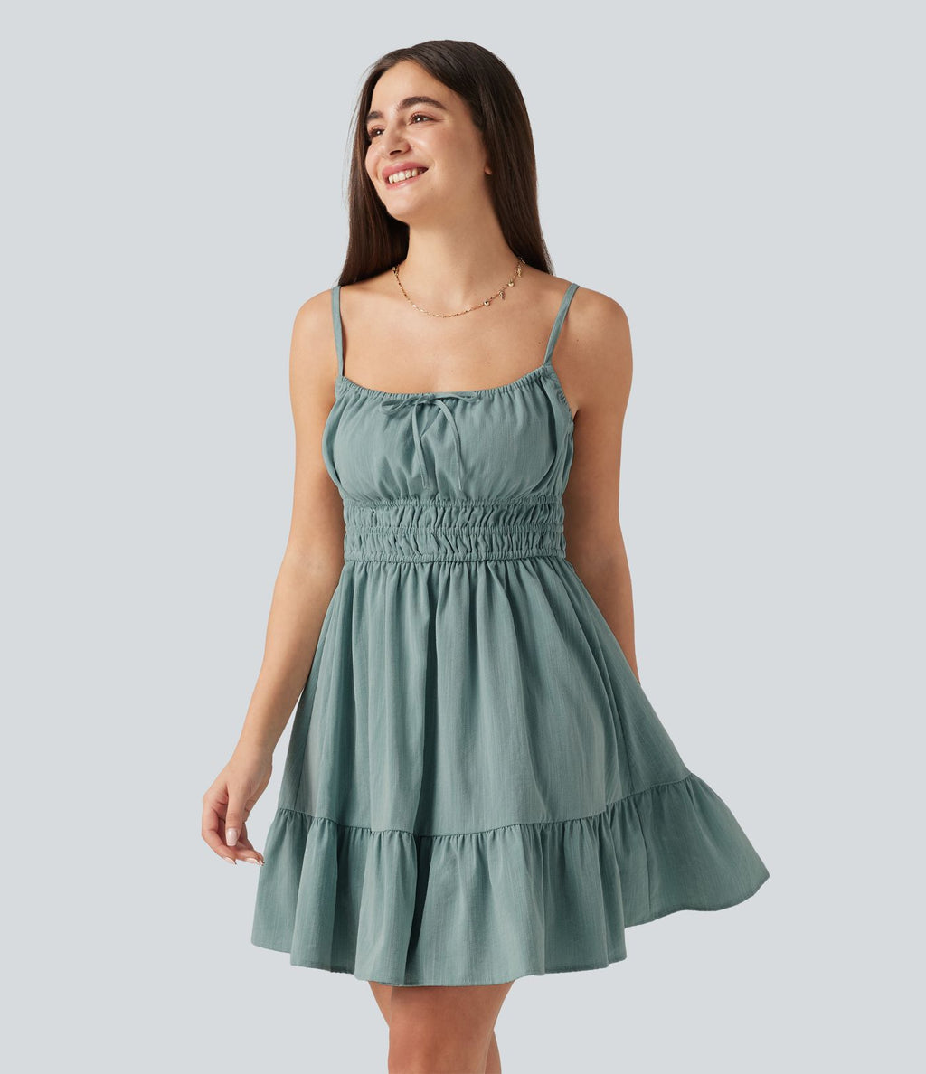 Robe mini à bretelles décontractée fluide aspect lin avec nœud frontal