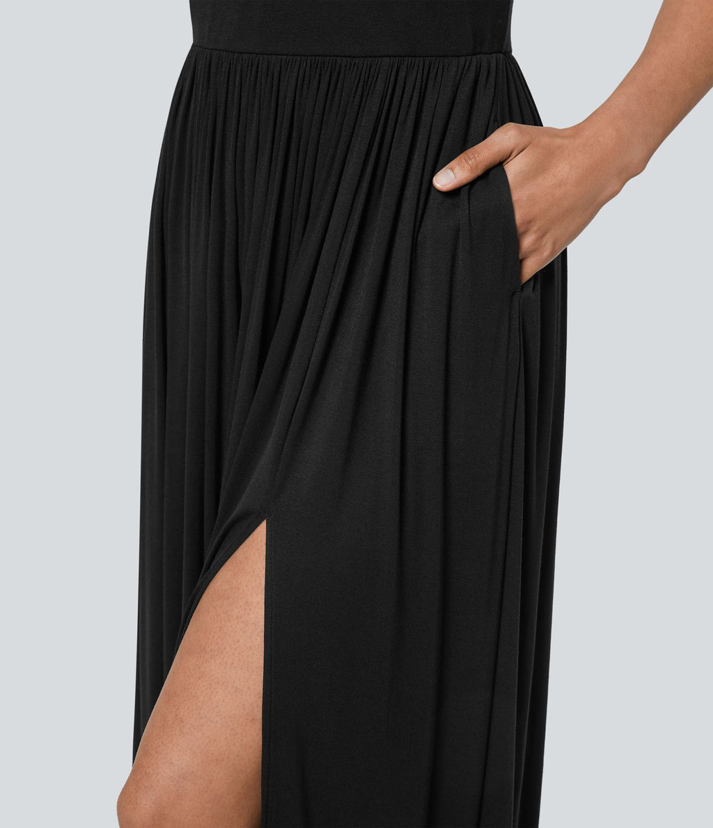 Robe Maxi Fluide Épaules Dénudées avec Poches Latérales Ourlet Fendu Tissu Côtelé Demoiselles d'Honneur et Invités de Mariage