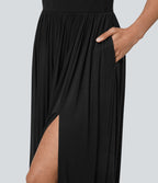 Robe Maxi Fluide Épaules Dénudées avec Poches Latérales Ourlet Fendu Tissu Côtelé Demoiselles d'Honneur et Invités de Mariage