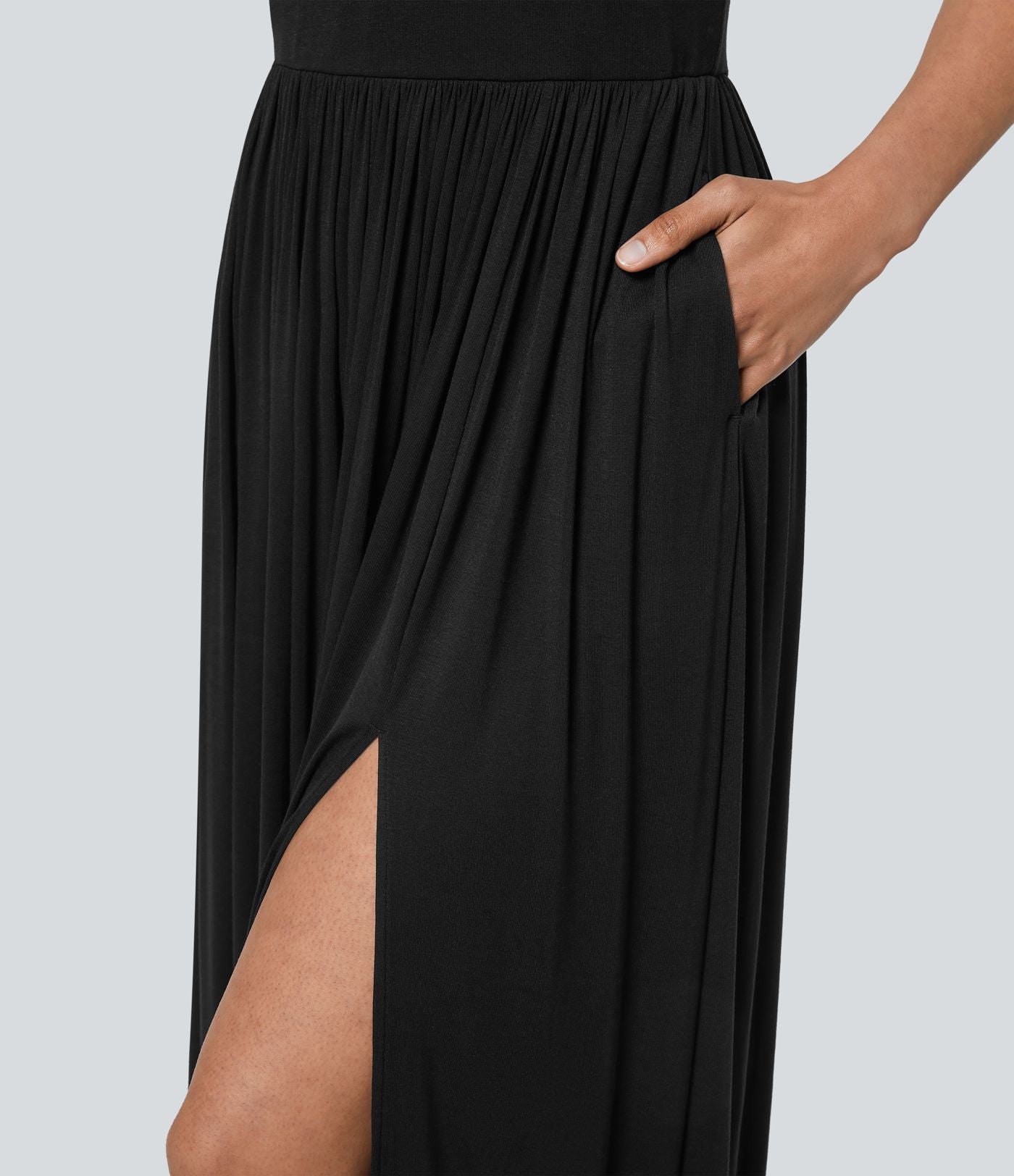Robe Maxi Fluide Épaules Dénudées avec Poches Latérales Ourlet Fendu Tissu Côtelé Demoiselles d'Honneur et Invités de Mariage