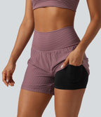 Short de yoga 2-en-1 à rayures, taille très haute, 12,5 cm, à poches