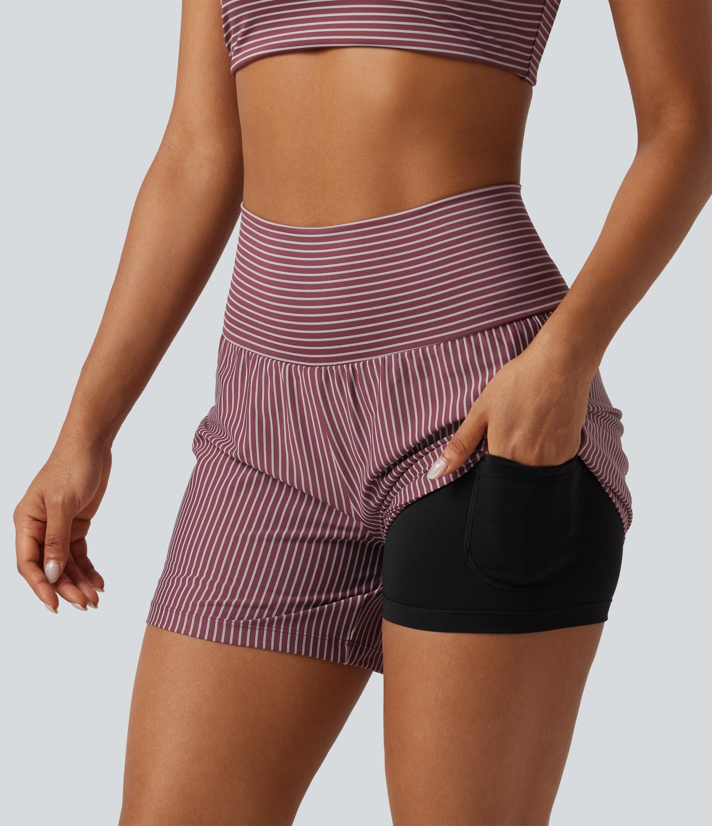 Short de yoga 2-en-1 à rayures, taille très haute, 12,5 cm, à poches