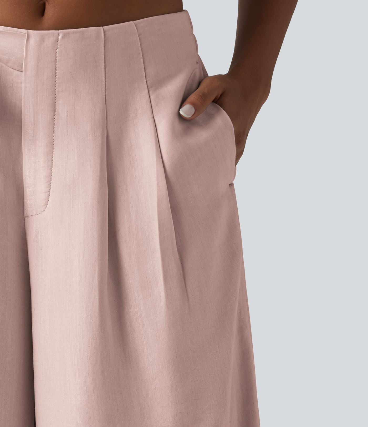 Pantalon large fluide taille haute en lin mélangé avec poches et liens latéraux
