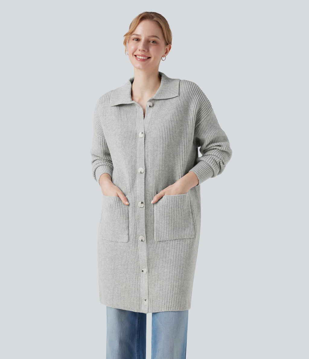 Gilet long casual col manches longues boutonné avec poches