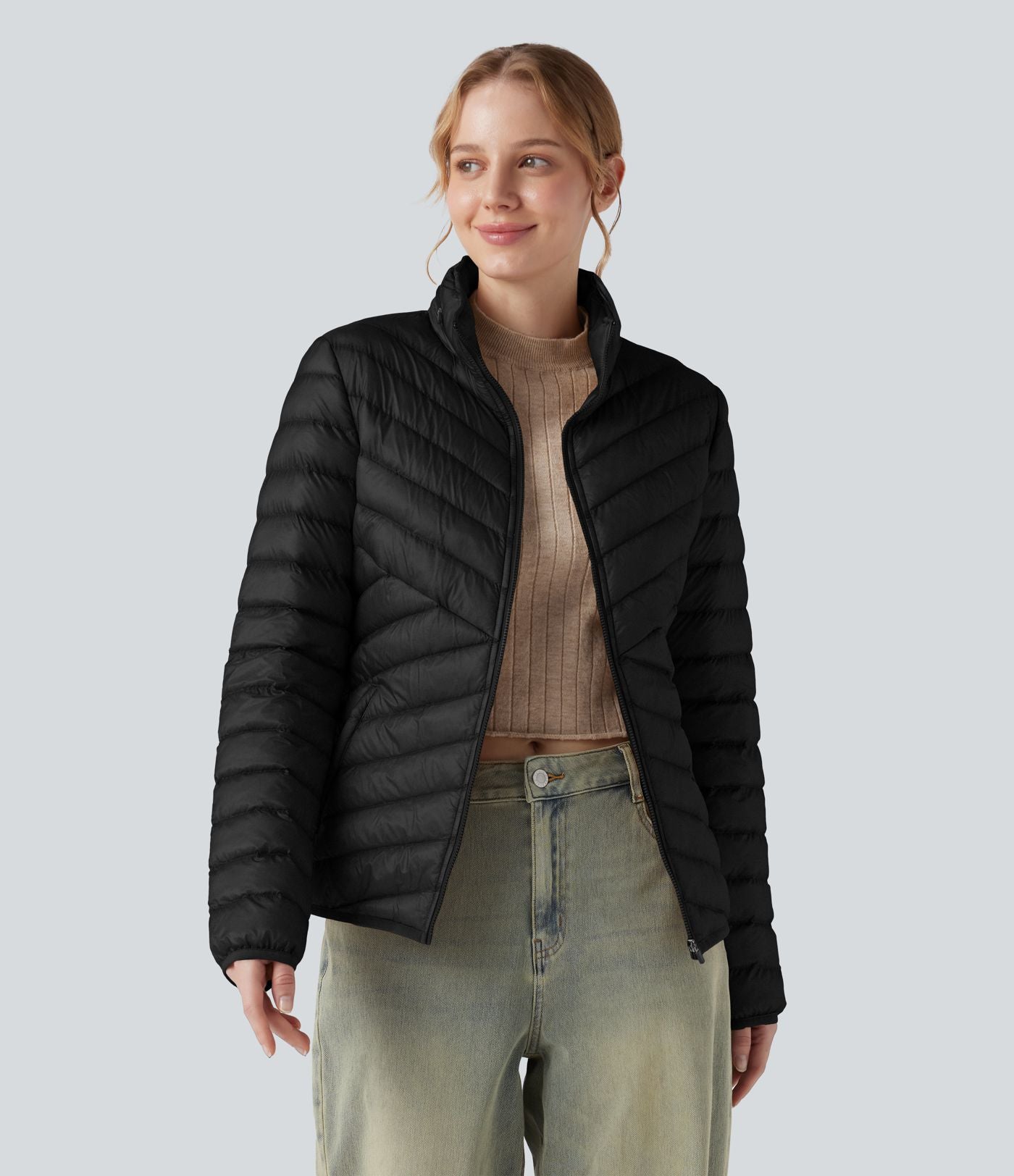 Veste casual compactable en duvet synthétique zippée à col montant et manches longues avec poches