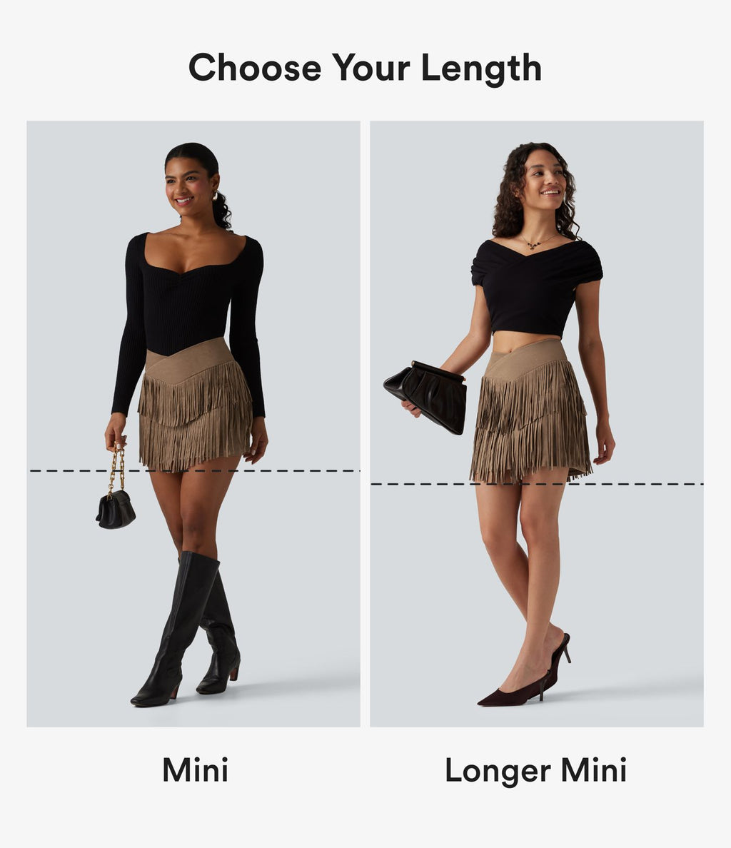 Jupe mini de soirée ajustée effet daim taille haute croisée 2-en-1 à franges