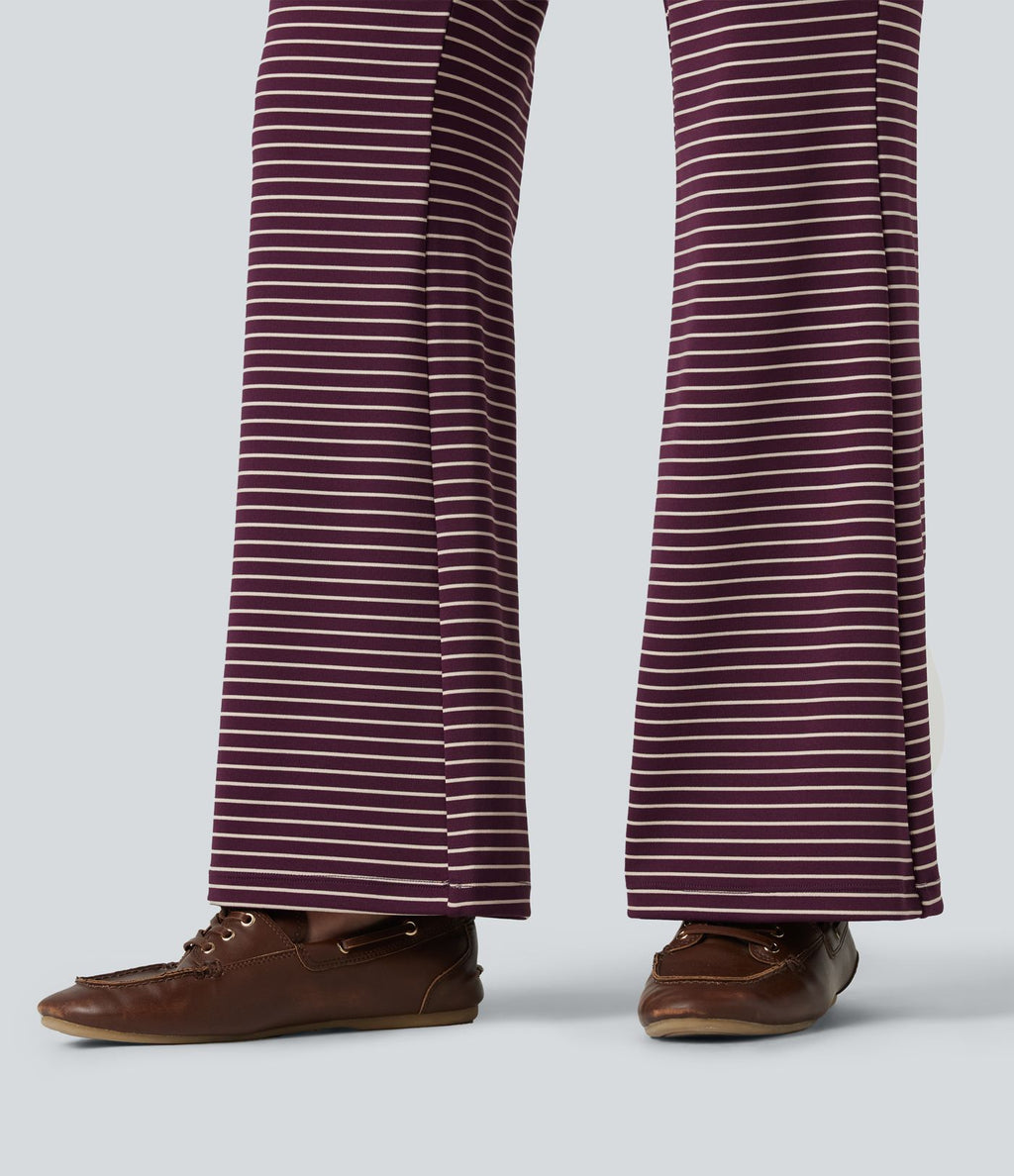 Pantalon décontracté à rayures en maille côtelée, taille mi-haute, cordon de serrage et coupe bootcut, avec poches