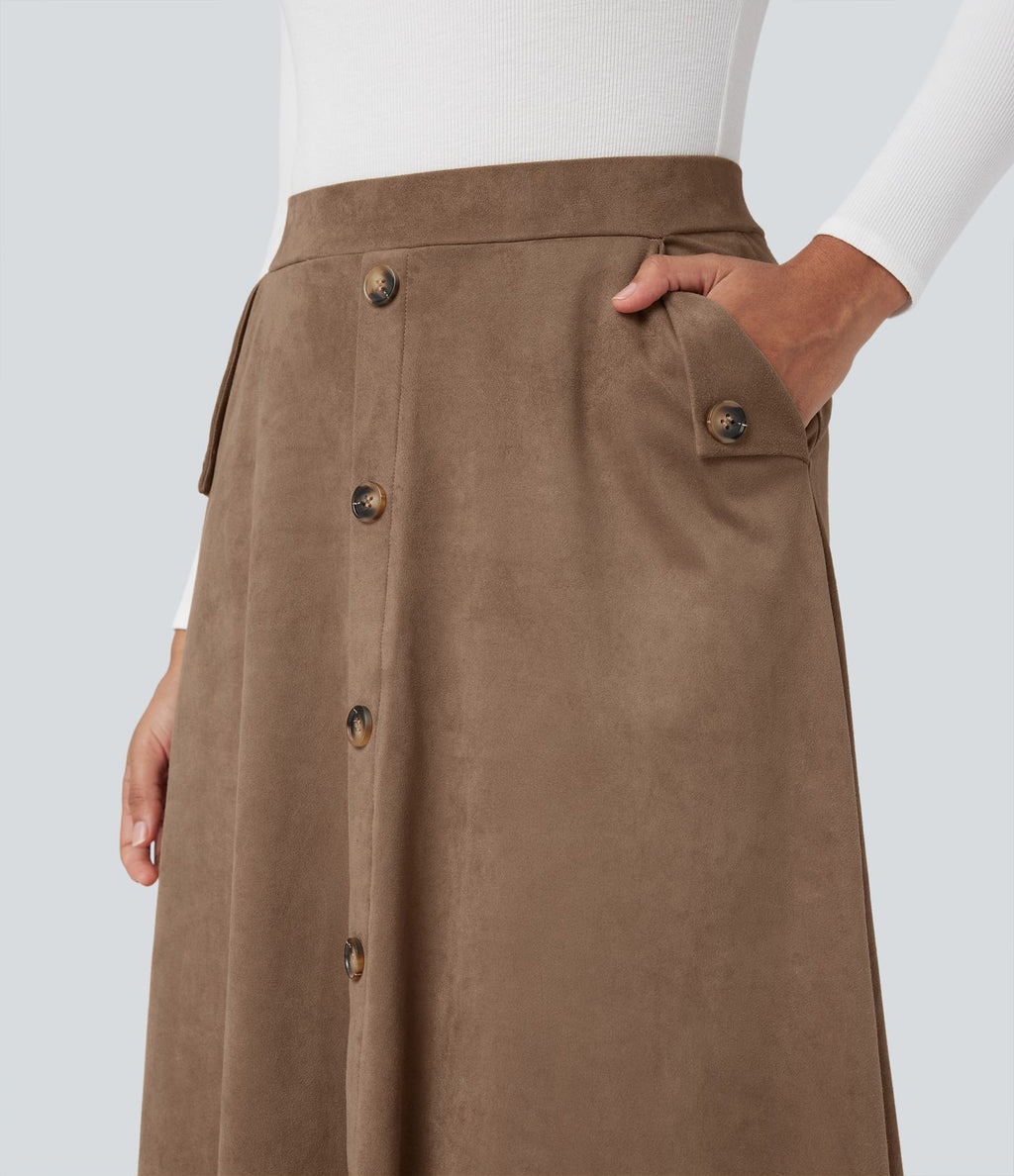Jupe mi-longue évasée effet daim taille haute avec poches