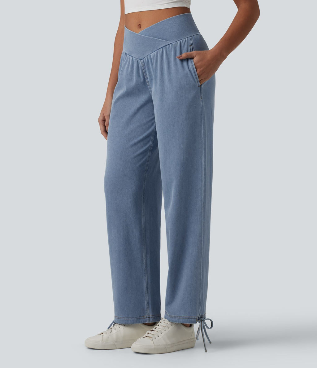 Halara Flex™ Jogging décontracté en denim taille mi-haute croisé avec cordon de serrage et poches