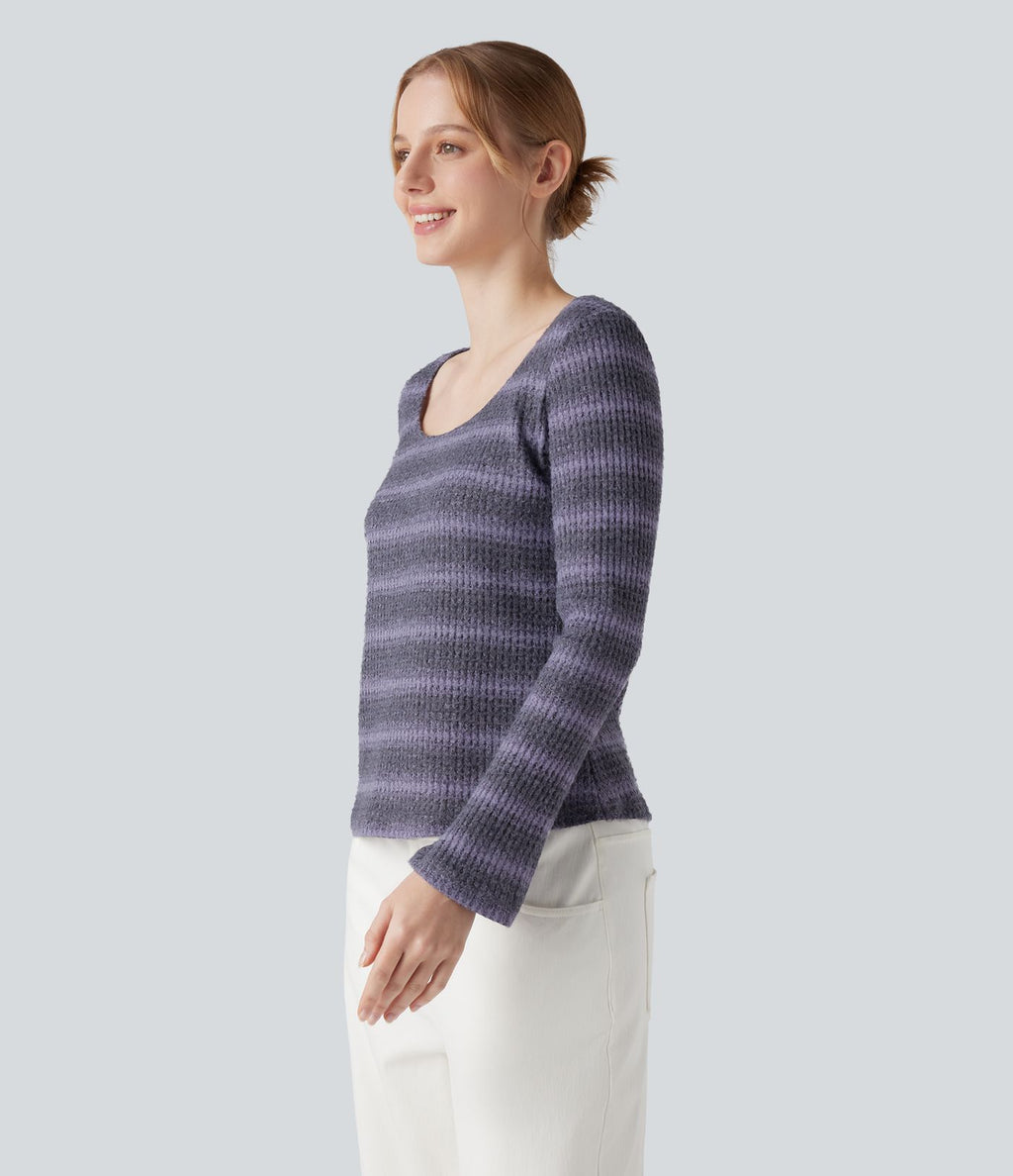 T-shirt tricoté décolleté rond à manches longues en maille gaufrée à rayures dégradées