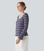 T-shirt tricoté décolleté rond à manches longues en maille gaufrée à rayures dégradées