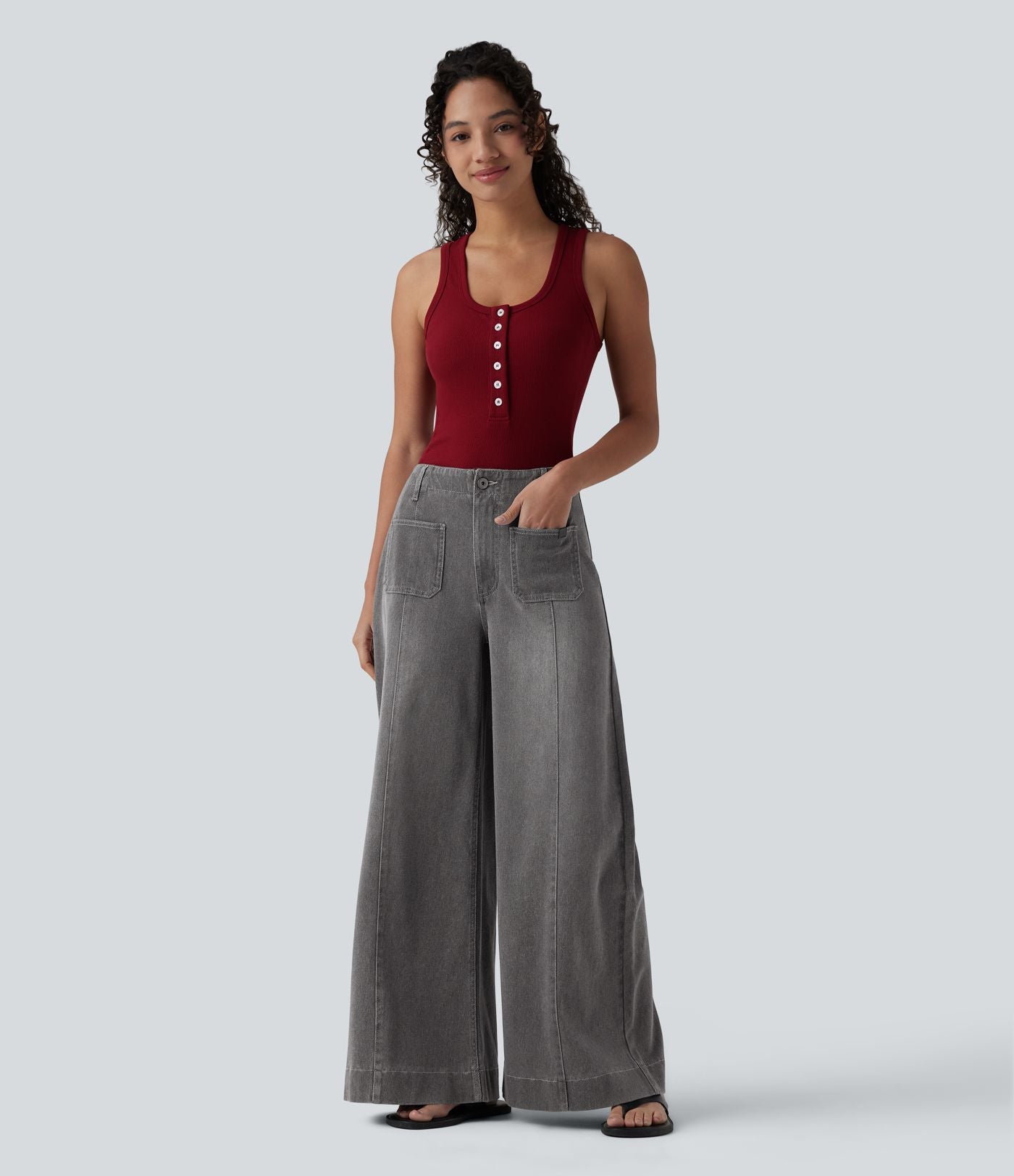 Halara Flex™ Jean large Palazzo et Taille Haute avec Poches Avant en Tricot Extensible Lavé