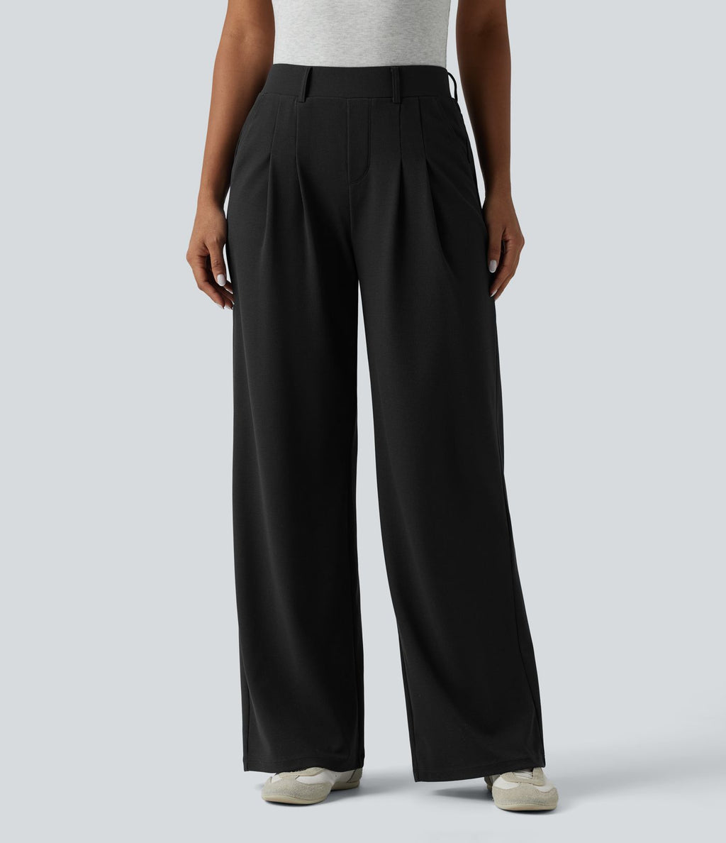 Pantalon décontracté large taille mi-haute gaufré avec poches