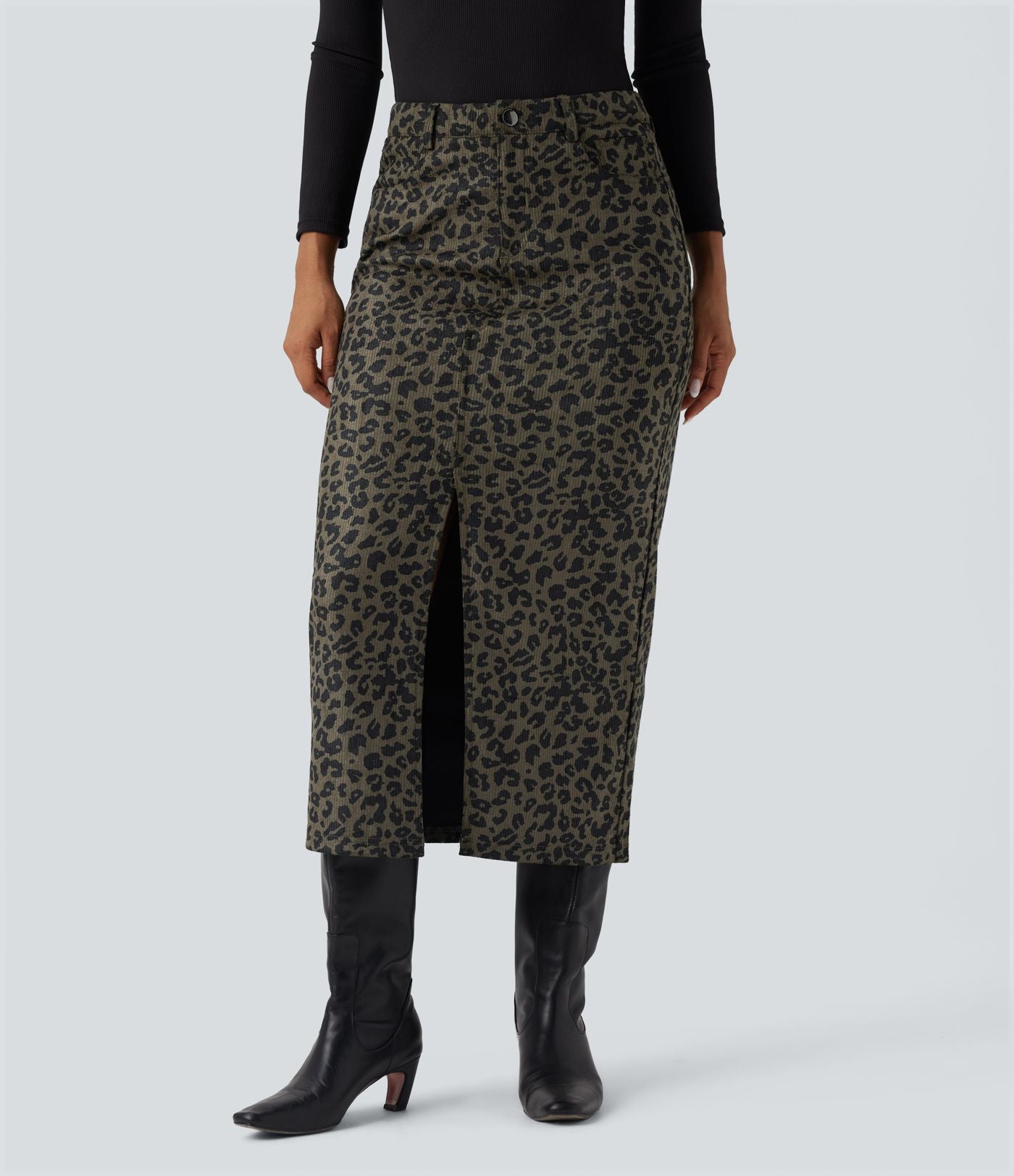 Jupe mi-longue décontractée imprimé léopard taille mi-haute avec poches