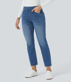 HalaraMagic™ Jean 7/8 Travail en Tricot Extensible Lavé à Jambes Droites et Poches Multiples à Taille Mi-Haute