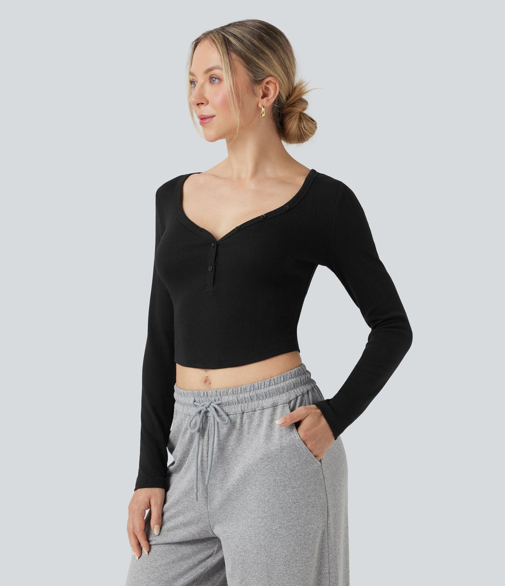 Haut détente cropped maille côtelée col henley manches longues