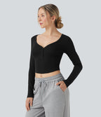 Haut détente cropped maille côtelée col henley manches longues