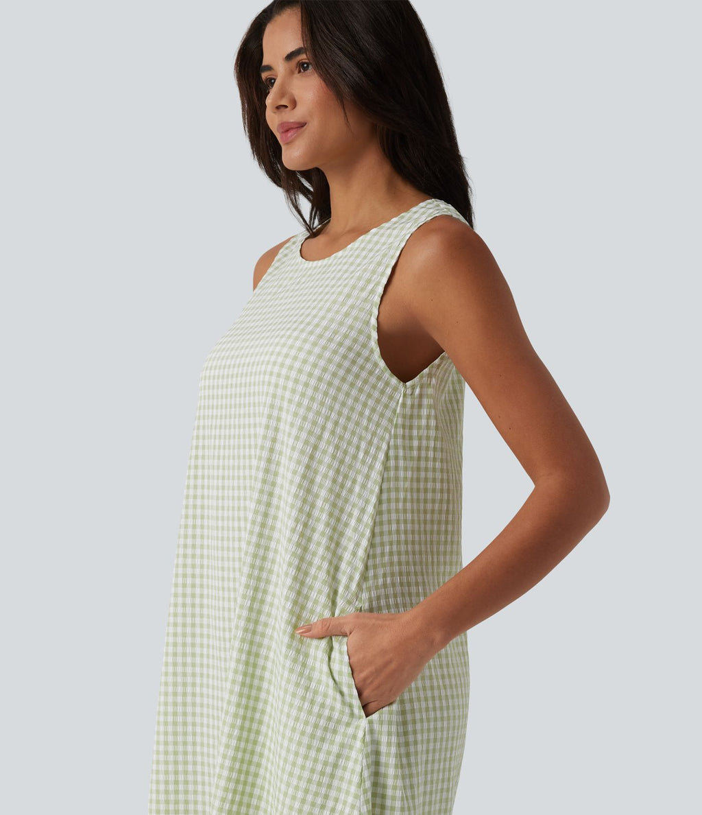 Robe débardeur midi décontractée col rond sans manches en vichy froissé avec poches