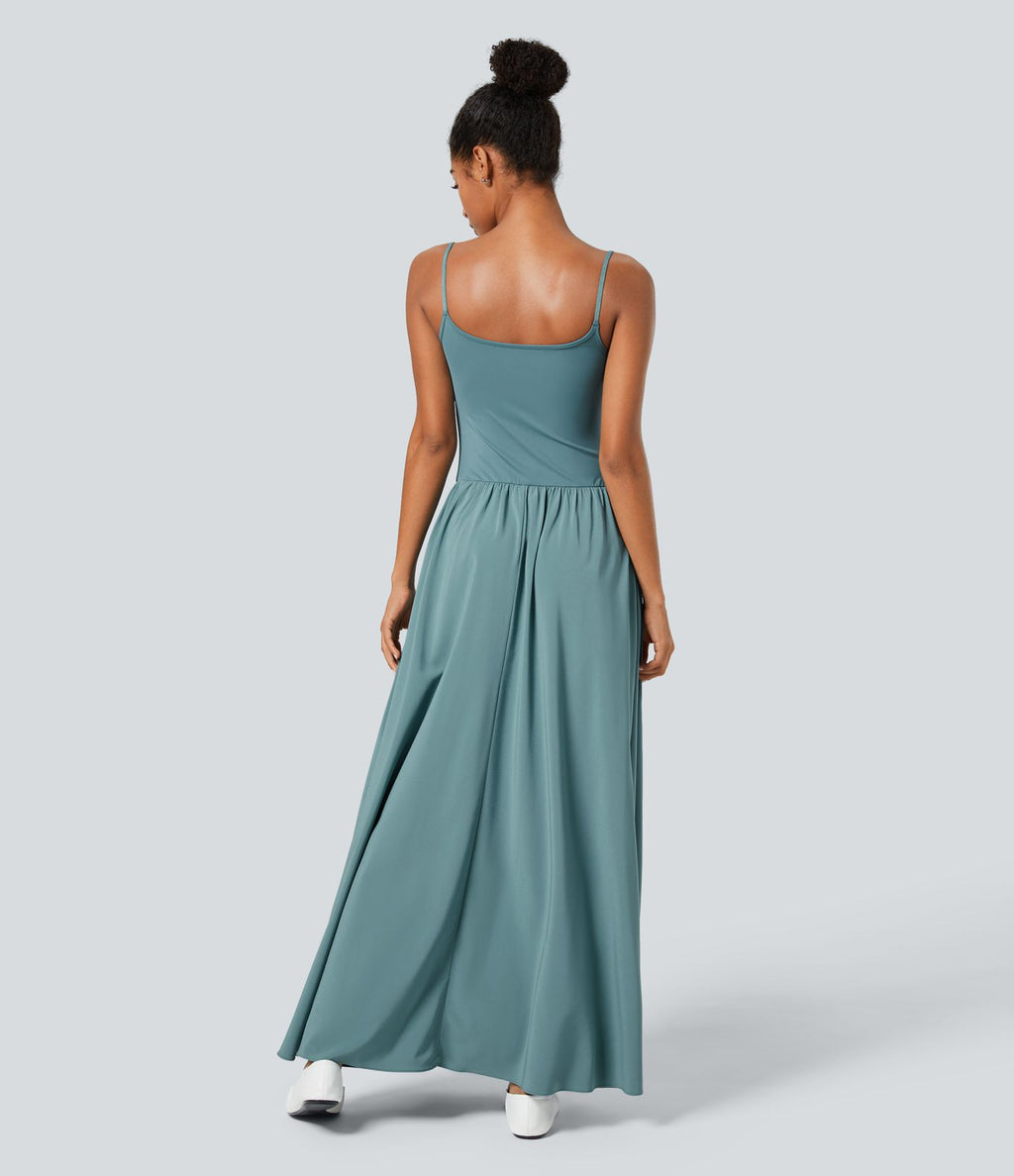 Breezeful™ Robe Débardeur Casual Dos Nu Poches Latérales Plissée Évasée Longue Séchage Rapide