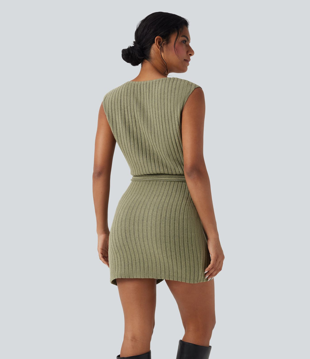Robe courte moulante décontractée maille côtelée sans manches portefeuille avec ceinture