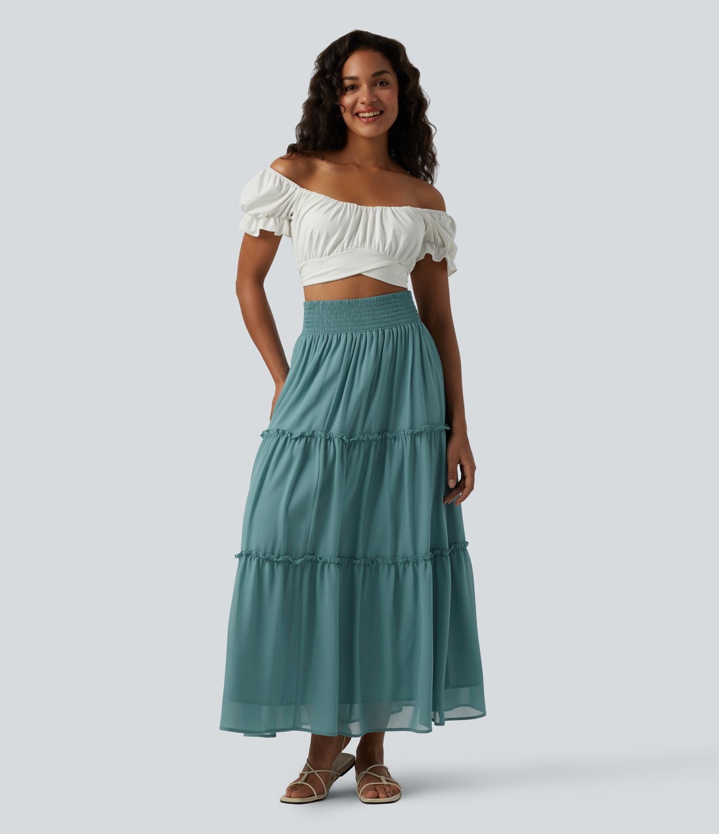 Jupe casual mi-longue à volants étagés et fronces taille haute