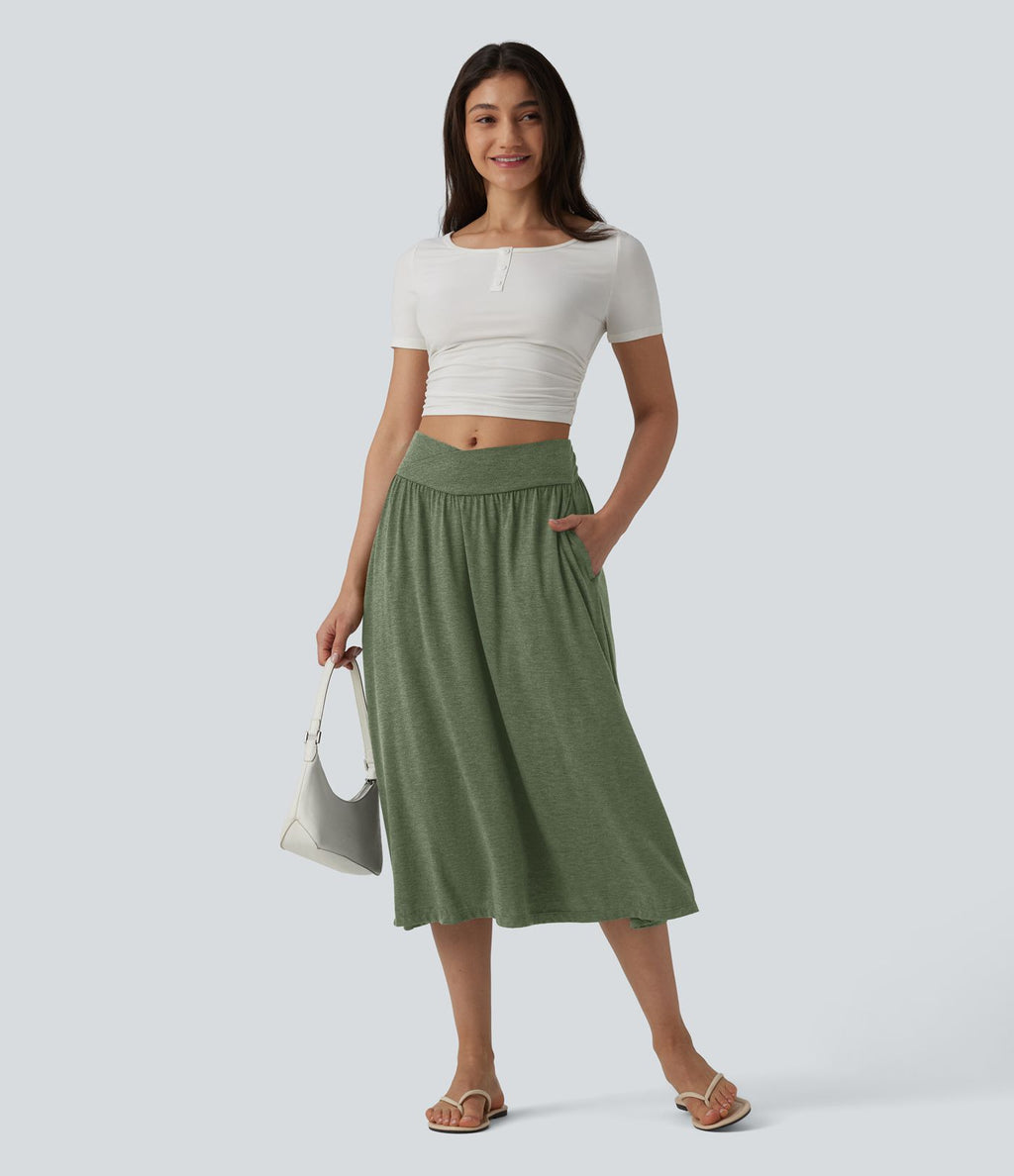Jupe midi casual fluide croisée taille haute avec poches