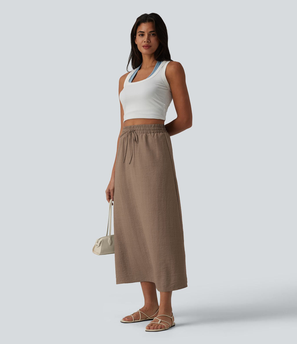 Jupe longue casual aspect lin taille haute avec cordon de serrage