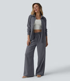 Pantalon large décontracté taille mi-haute avec cordon de serrage aspect lin avec poches