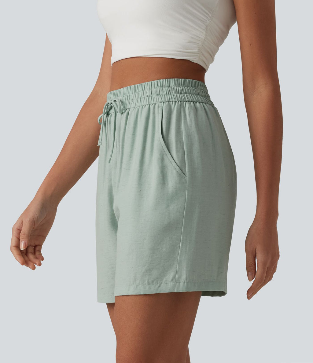Short décontracté ample en lin mélangé taille haute avec cordon de serrage, 12,5 cm, et poches