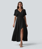 Robe midi col V manches courtes aspect lin avec poches