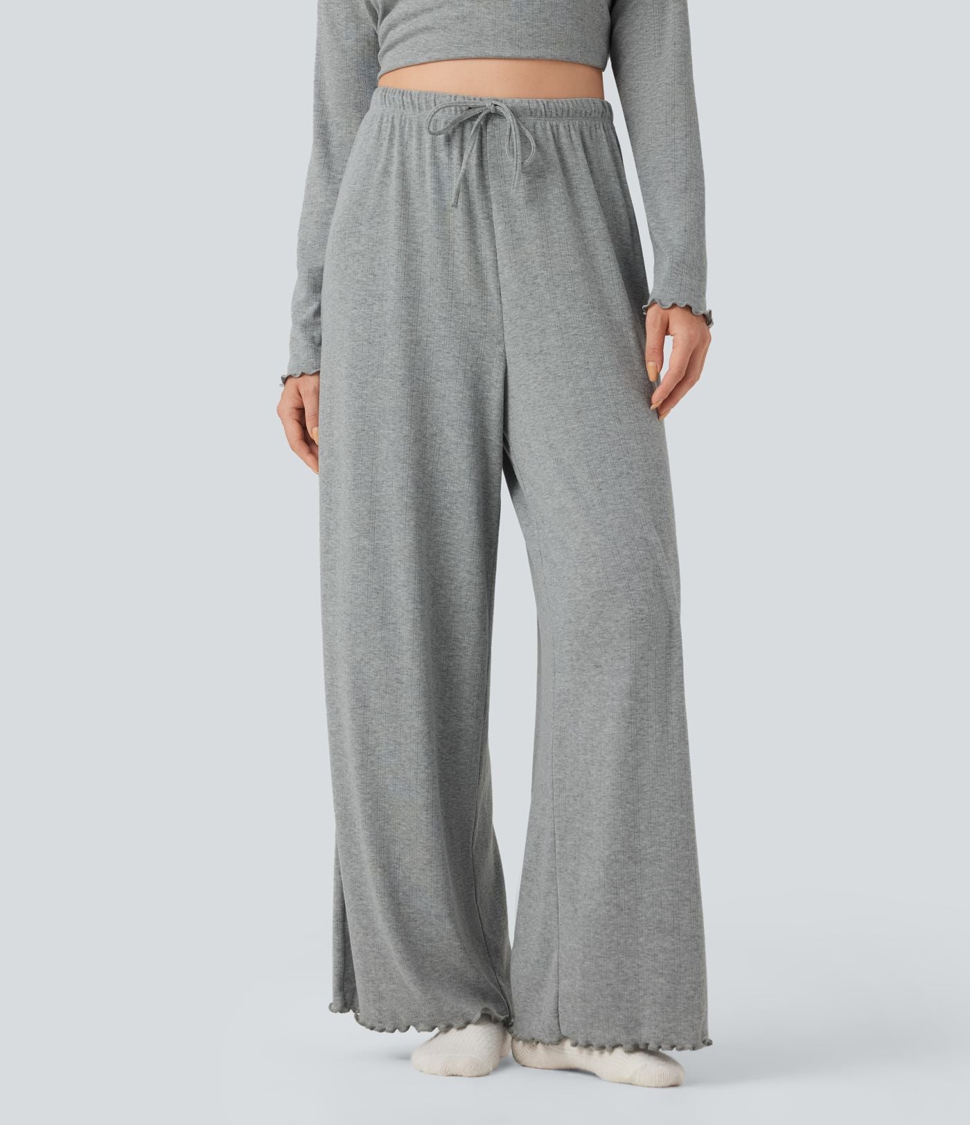 Pantalon détente taille haute coupe droite finitions plissées pointelle avec cordon de serrage