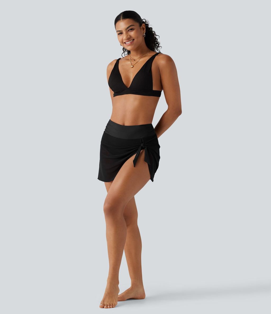 Bas de bikini 2-en-1 gainant taille haute en mesh avec fronces, lien et ourlet asymétrique 7,5 cm