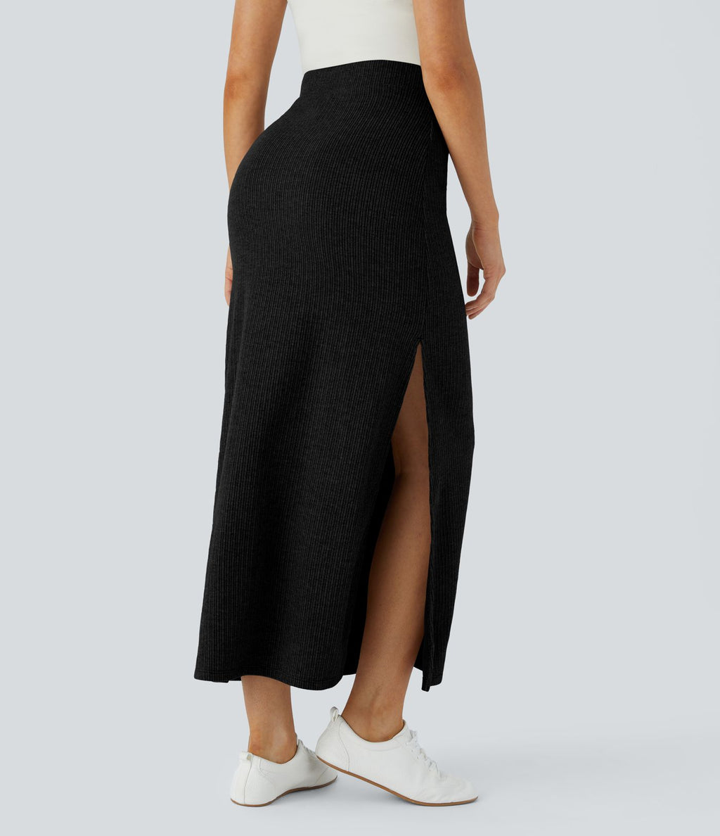 Jupe Casual Maxi à Taille Haute et Ourlet Fendu en A-Line en Côtes