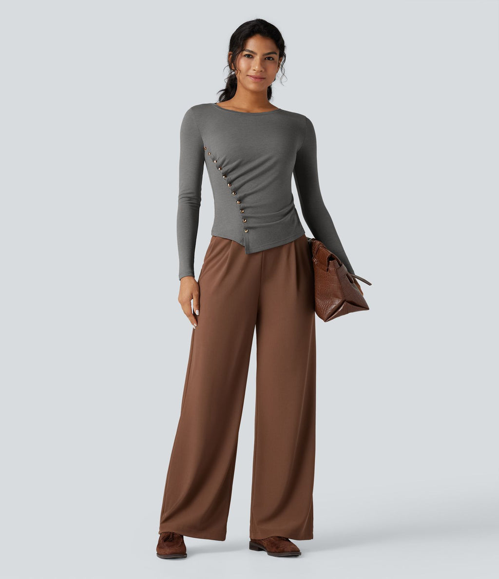 T-shirt tailleur col rond ourlet asymétrique manches longues