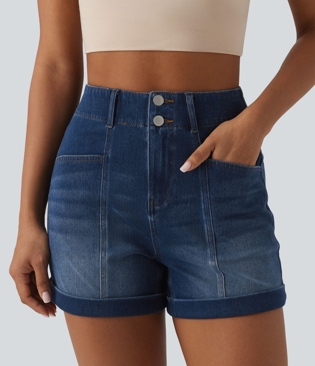 Halara Flex™ Short en jean casual taille haute ourlet roulé 10 cm avec poches