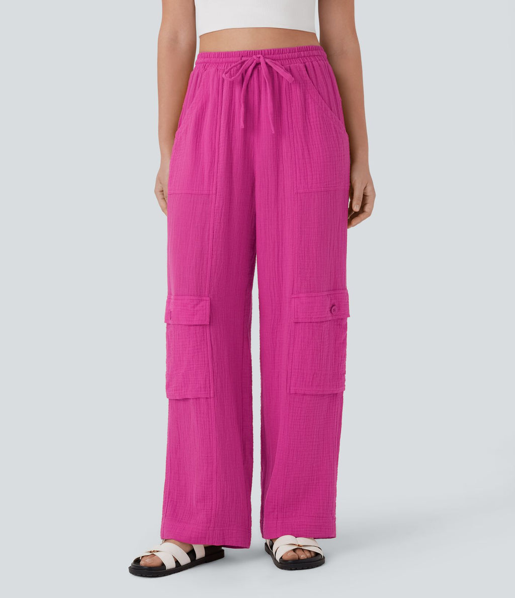 Pantalon cargo large fluide en coton taille haute avec cordon de serrage et poches