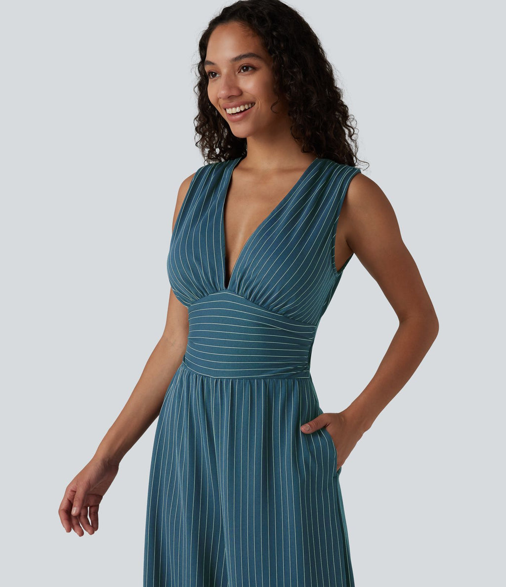 Combinaison tailleur col V sans manches à rayures et fronces avec poches - Easy Peasy