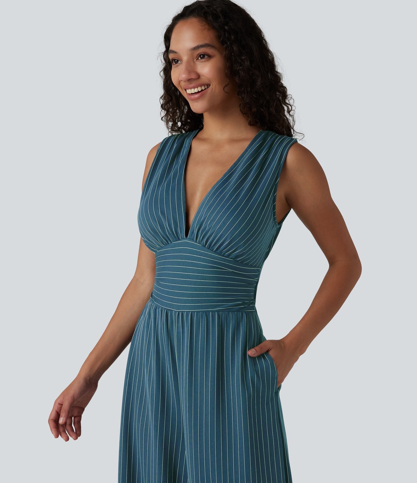 Combinaison tailleur col V sans manches à rayures et fronces avec poches - Easy Peasy