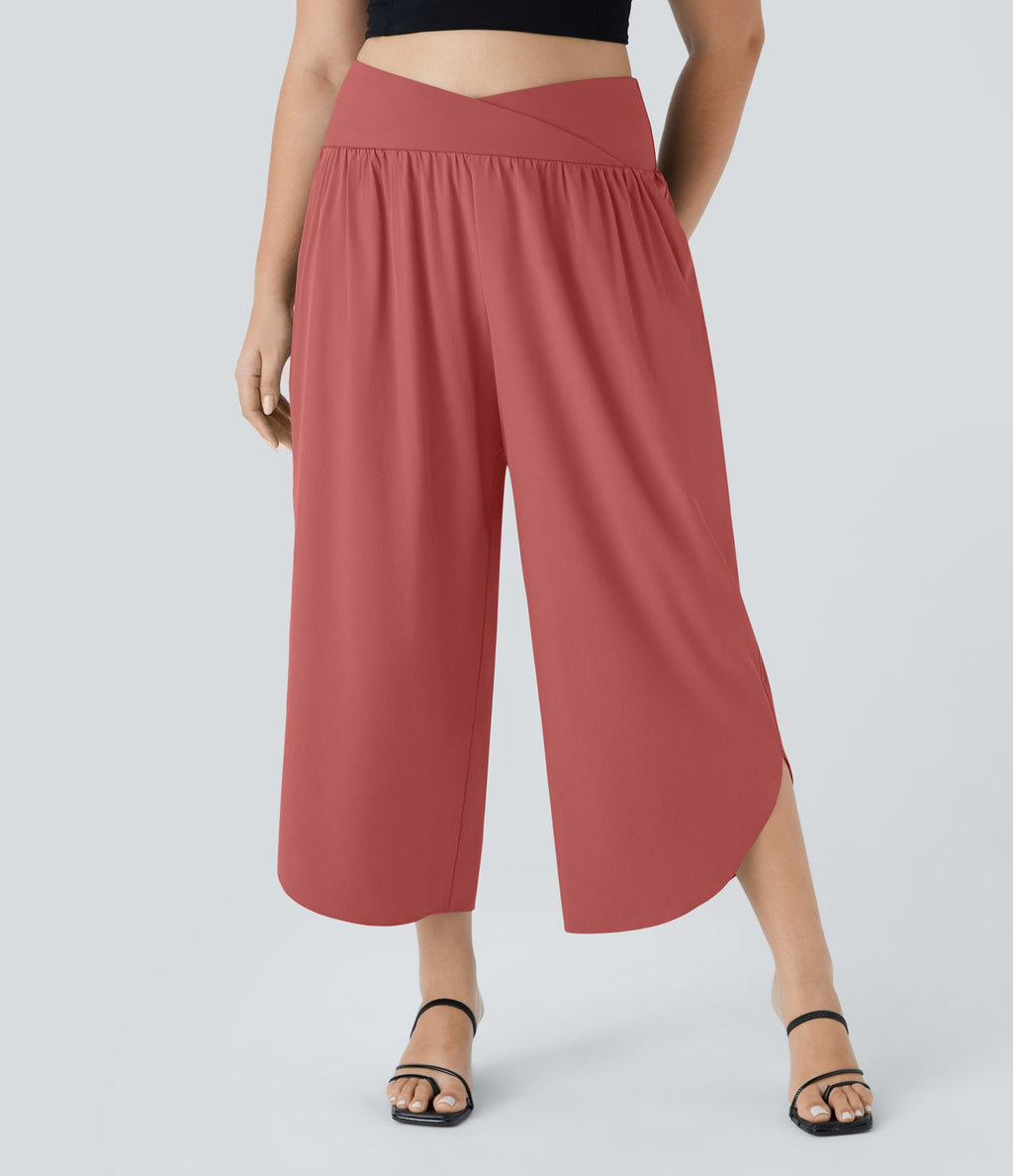 Breezeful™ Pantalon de Vacances Grande Taille Taille Haute avec Découpe Croisée Plissé Poche Latérale Fente et Séchage Rapide