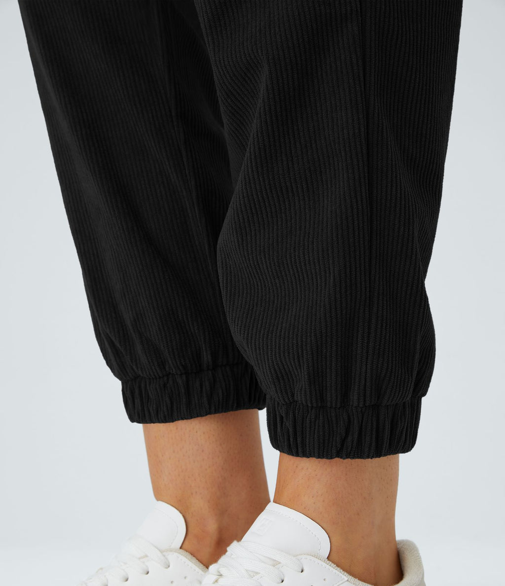 Pantalon décontracté en velours côtelé avec taille mi-haute, boutons et fermeture éclair