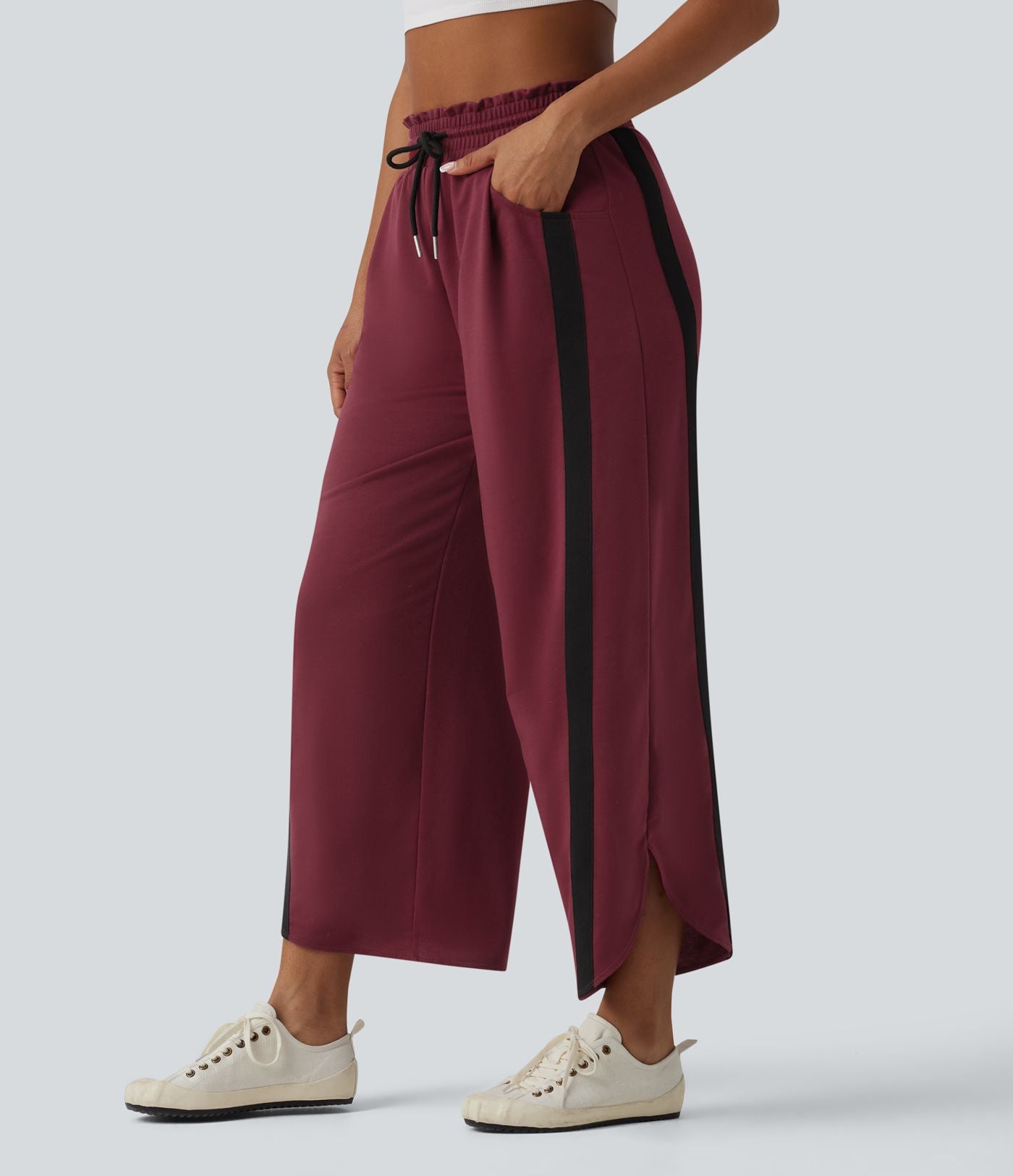Pantalon de jogging casual large color block taille haute avec cordon de serrage, ourlet courbe et poches