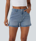 Short 7,5 cm décontracté en jean extensible Halara Flex™ taille moyenne avec boutons, zip et multiples poches