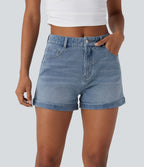 Short 7,5 cm décontracté en jean extensible Halara Flex™ taille moyenne avec boutons, zip et multiples poches