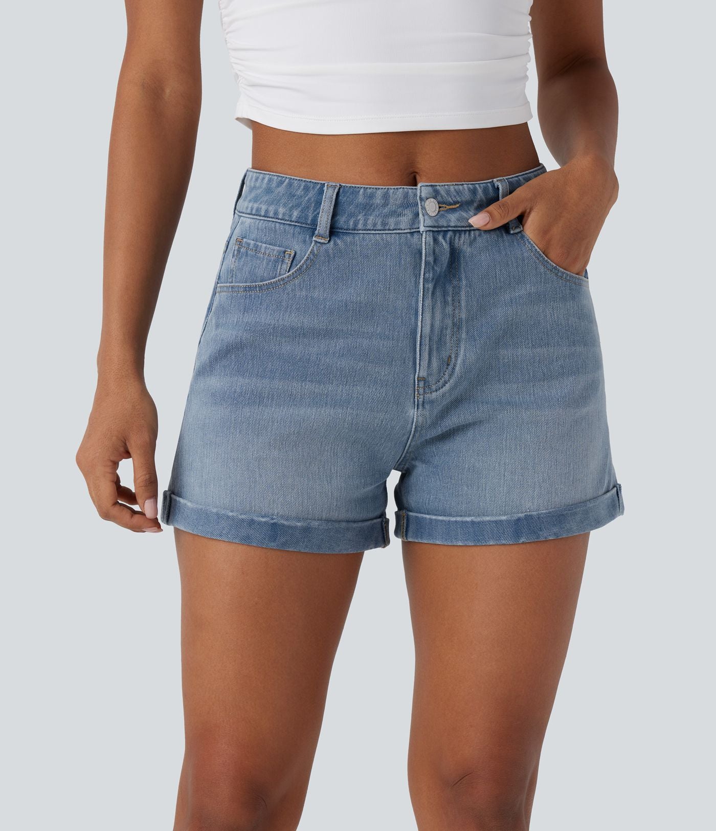 Short 7,5 cm décontracté en jean extensible Halara Flex™ taille moyenne avec boutons, zip et multiples poches